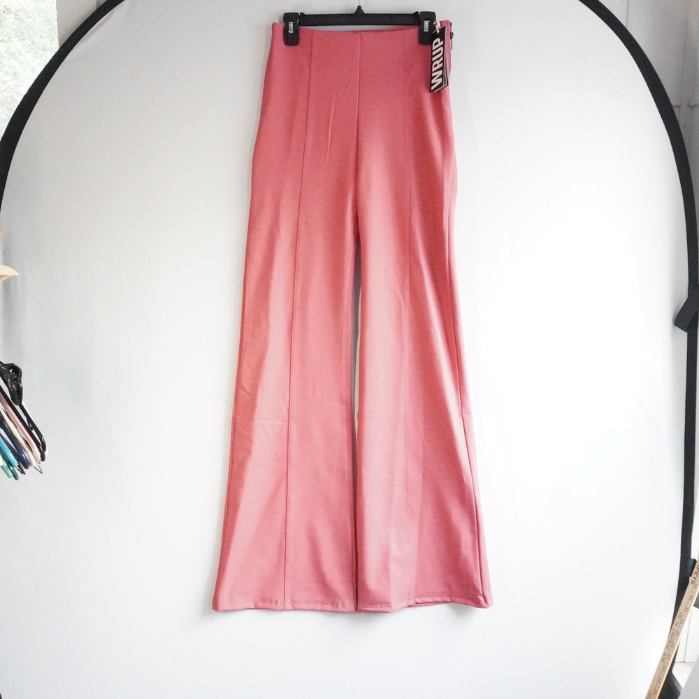 Freddy WR.UP High Waisted Flare Leg Trousers Coral Pink L Pleather Party Club